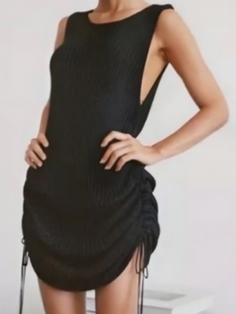 Reformation Ribbed Ruched Tied Side Black Dress